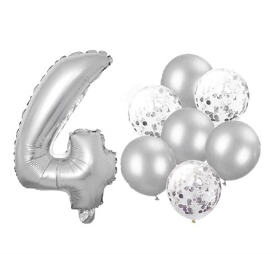 Н-р воздушных шаров цифра 4 фольгир. 32", 6 прозр. с конфетти 12", 6 латекс. 12", цвет серебро 5222 - фото 10956