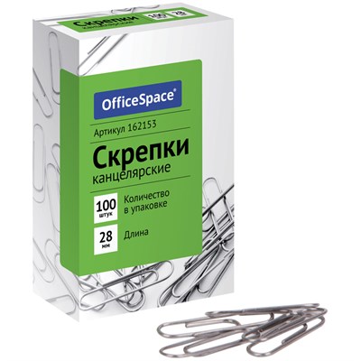 Скрепки 28мм, OfficeSpace, 100шт, карт. упаковка 107490 - фото 19493