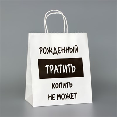Пакет подарочный с приколами,"Рожденный тратить копить не может", белый, 24*14*28см 121123 - фото 38076