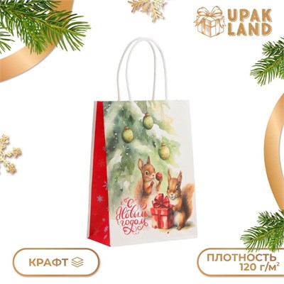 Пакет бумажный подарочный новогодний крафт "Белки" 15*21*8 см. 121349 - фото 38237