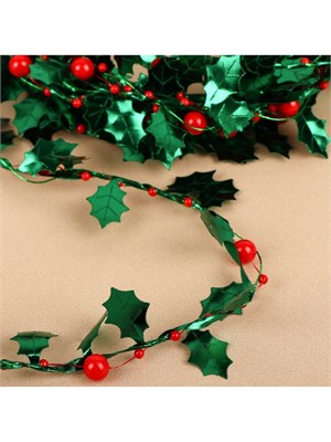 Листья на металлич проволоке, с бусинами, 21*18мм, зелёные, красные 1м 126349