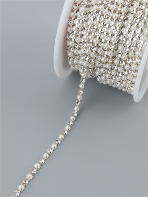 Цепь со стразами и жемчугом, металл, пластик, стекло, 2.5мм, 1м, цв серебряный 126644