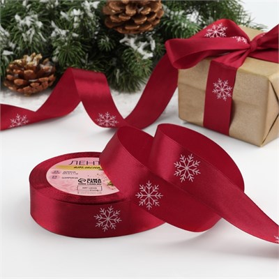 Лента атласная «Снежинки», 25мм, 1м, красная 126682