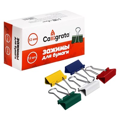 Н-р зажимов д/бумаг цветных 32мм, 12шт, 5цв, в картонной коробке 127054