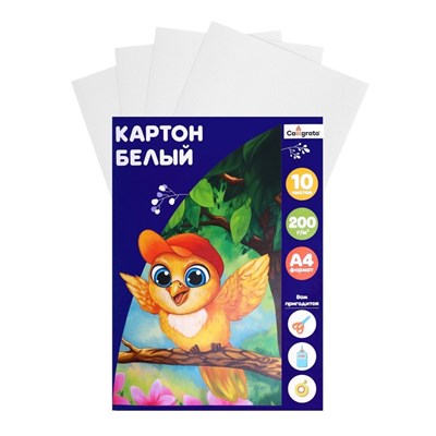 Картон белый А4 10л, Calligrata, 200 г/м², немелованный, односторонний, в папке 127089