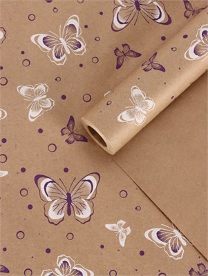 Бумага упаковочная крафт «Бабочки», фиолетовый/белый, 0.72*10м, 60г 127159