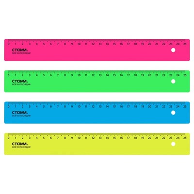 Линейка пластиковая «Стамм», 25см, непрозрачная, неоновые цвета, МИКС 1шт 28495