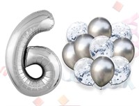 Н-р воздушных шаров цифра 6 фольгир. 32", 6 прозр. с конфетти 12", 6 латекс. 12", цвет серебро 16665