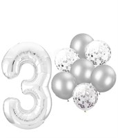 Н-р воздушных шаров цифра 3 фольгир. 32", 6 прозр. с конфетти 12", 6 латекс. 12", цвет серебро 18960