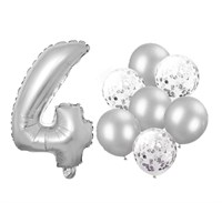 Н-р воздушных шаров цифра 4 фольгир. 32", 6 прозр. с конфетти 12", 6 латекс. 12", цвет серебро 5222