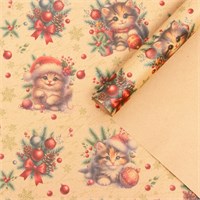 Бумага упаковочная новогодняя "Котик", бурый крафт, 80 г/м2 ,50*70 см. 121340