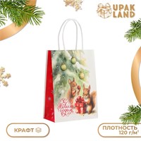 Пакет бумажный подарочный новогодний крафт "Белки" 15*21*8 см. 121349