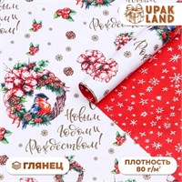 Бумага упаковочная новогодняя глянцевая двусторонняя "Венки ", 70*100 см 121475