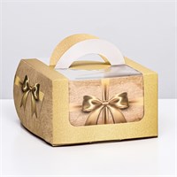 Коробка под бенто-торт с окном "Золотой бант", 14*14*8см 121910