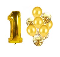 Н-р воздушных шаров цифра 1 фольгир. 32", 6 прозр. с конфетти 12", 6 латекс. 12", цвет золото 102211