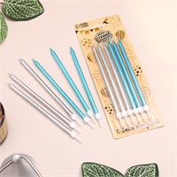 Свечи в торт «Ройс», 6шт, высокие, 13см, серебряные и голубые 125530